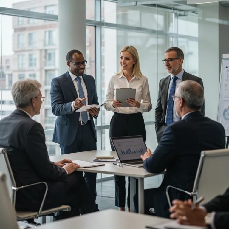 Diverse business leaders collaborating on leadership transition strategies in a modern office